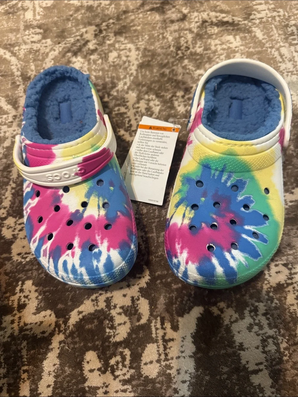 CROCS Kids Tie-Dye Clog with Plush Lining in Blue, Pink, Yellow, Green